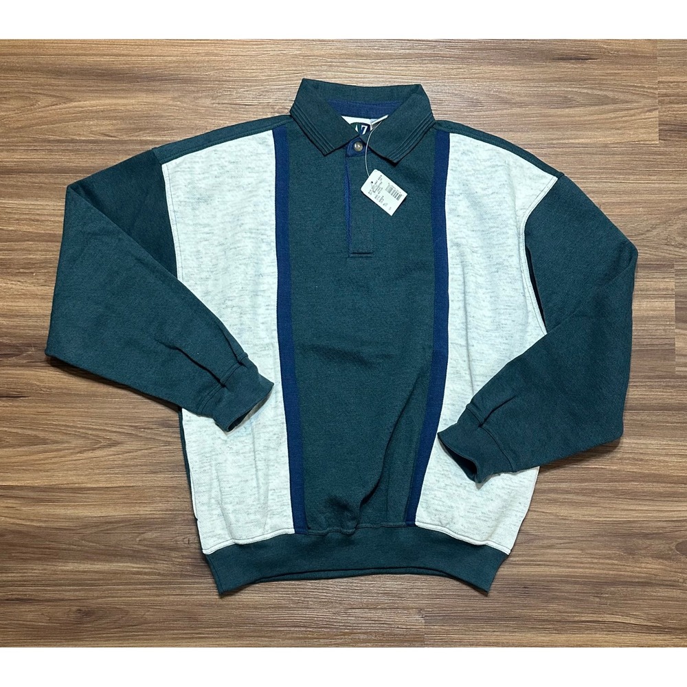 Vintage AZ Sport Mens Green Colorblock Polo Rugby Fleece Sweatshirt Sz XL